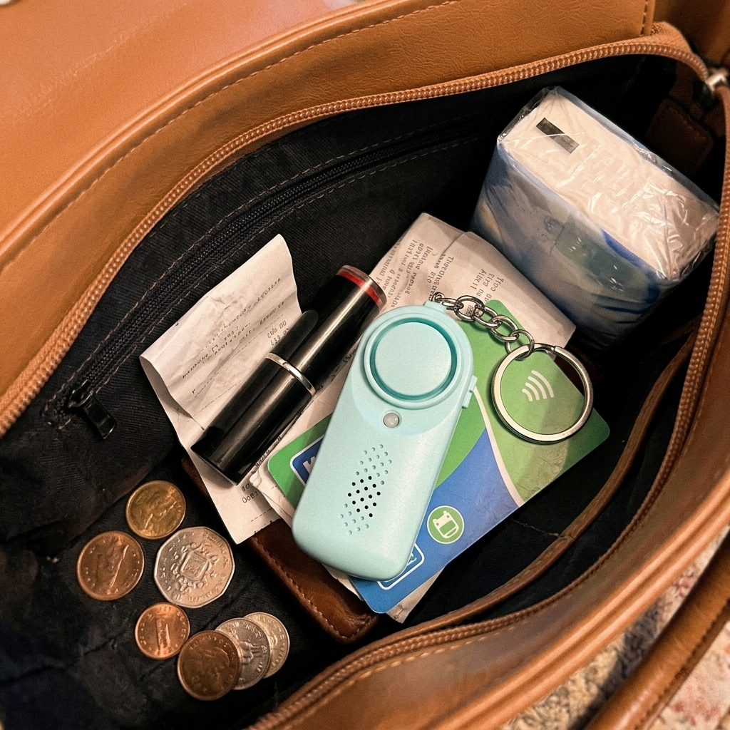 Personal safety alarm attached to a bag